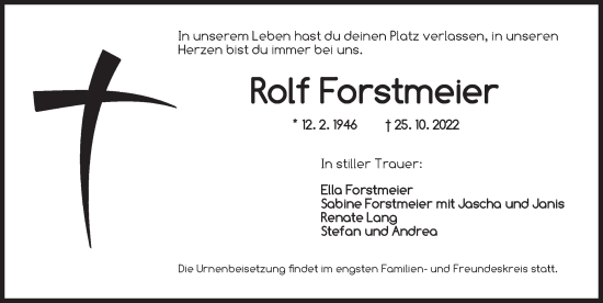 Traueranzeige von Rolf Forstmeier von Ansbach