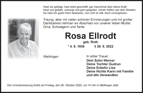 Traueranzeige von Rosa Ellrodt von Dinkelsbühl/ Feuchtwangen