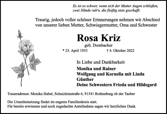 Traueranzeige von Rosa Kriz von Rothenburg