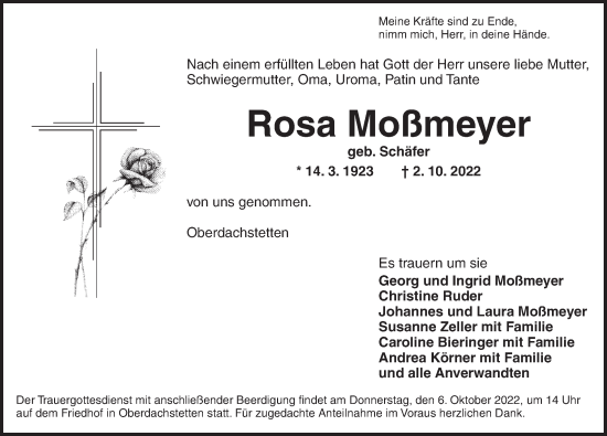 Traueranzeige von Rosa Moßmeyer von Ansbach