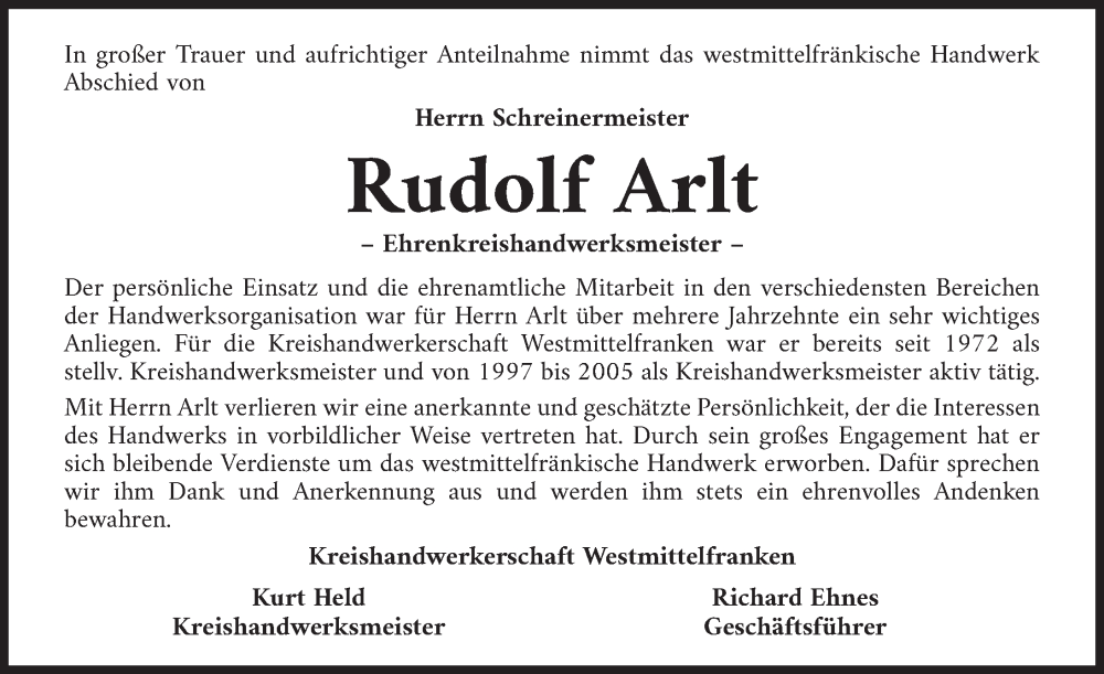  Traueranzeige für Rudolf Arlt vom 05.10.2022 aus GE