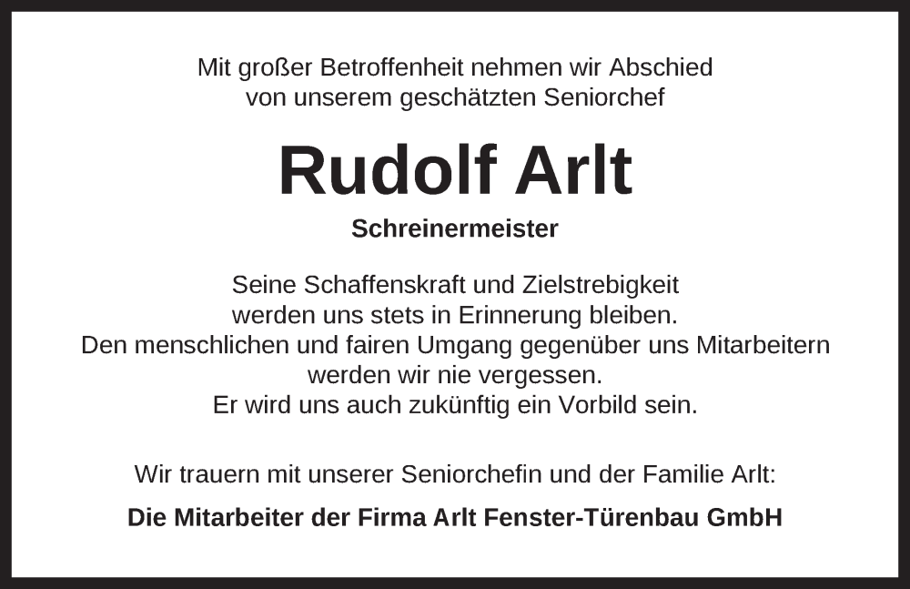  Traueranzeige für Rudolf Arlt vom 01.10.2022 aus Ansbach