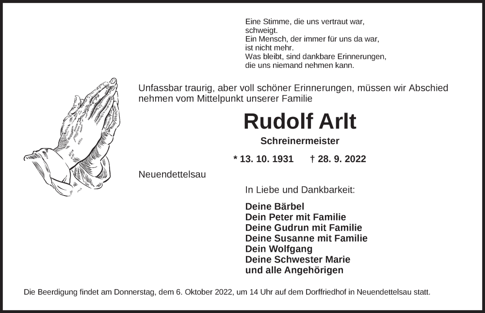  Traueranzeige für Rudolf Arlt vom 01.10.2022 aus Ansbach