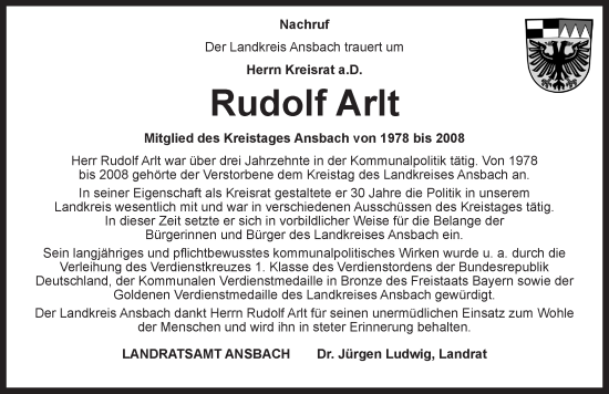 Traueranzeige von Rudolf Arlt von GE