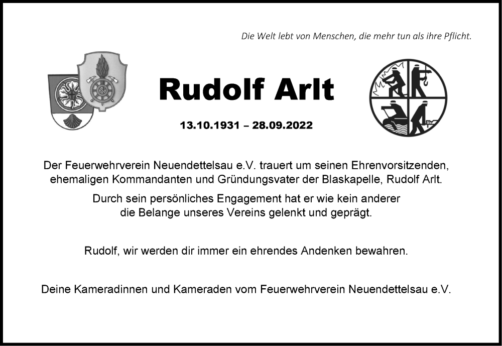  Traueranzeige für Rudolf Arlt vom 05.10.2022 aus Ansbach