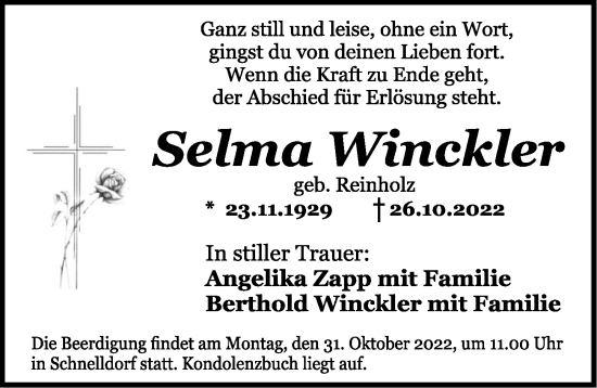 Traueranzeige von Selma Winckler von Dinkelsbühl/ Feuchtwangen