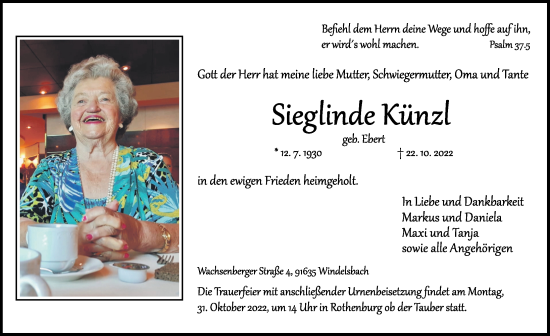 Traueranzeige von Sieglinde Künzl von Rothenburg