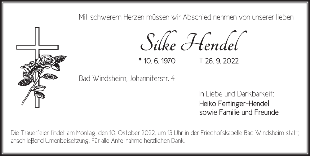  Traueranzeige für Silke Hendel vom 08.10.2022 aus Neustadt/ Scheinfeld/ Uffenheim