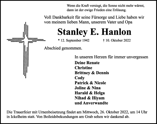 Traueranzeige von Stanley E. Hanlon von Neustadt/ Scheinfeld/ Uffenheim