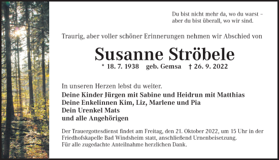 Traueranzeige von Susanne Ströbele von Neustadt/ Scheinfeld/ Uffenheim