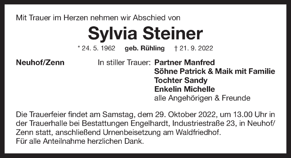  Traueranzeige für Sylvia Steiner vom 25.10.2022 aus Neustadt/ Scheinfeld/ Uffenheim