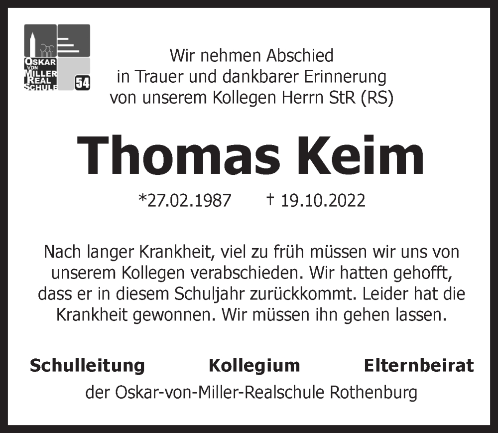  Traueranzeige für Thomas Keim vom 22.10.2022 aus Ansbach
