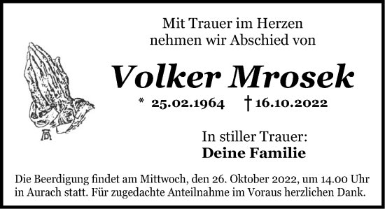 Traueranzeige von Volker Mrosek von Ansbach