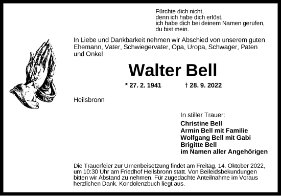 Traueranzeige von Walter Bell von Ansbach