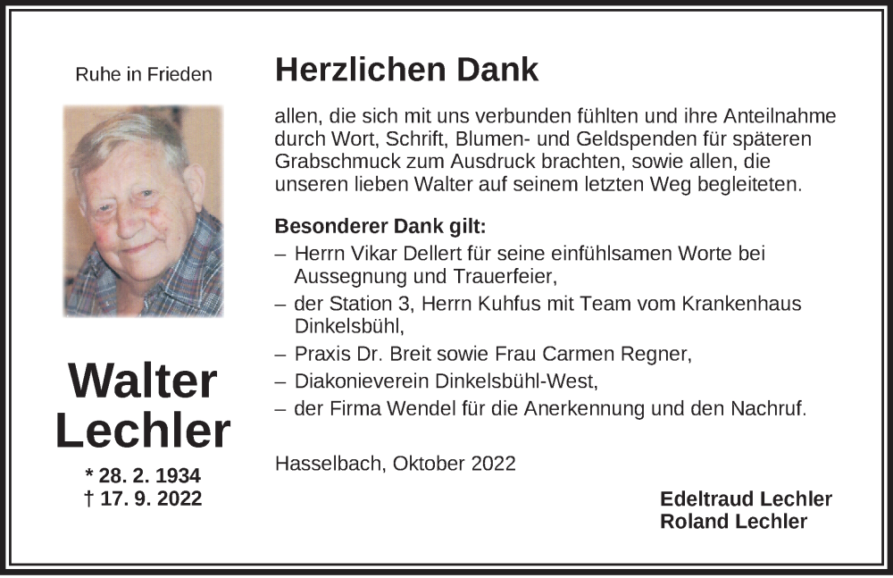  Traueranzeige für Walter Lechler vom 08.10.2022 aus Dinkelsbühl/ Feuchtwangen