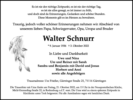 Traueranzeige von Walter Schnurr von Rothenburg