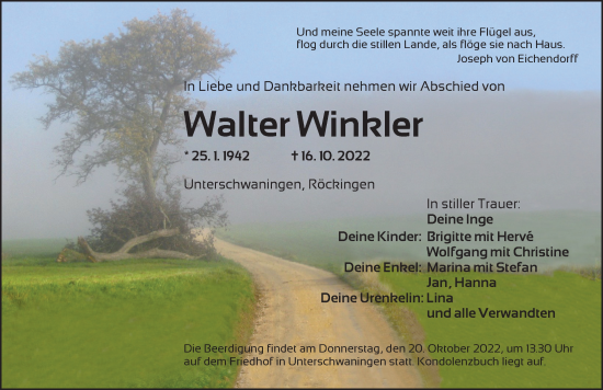 Traueranzeige von Walter Winkler von Dinkelsbühl/ Feuchtwangen