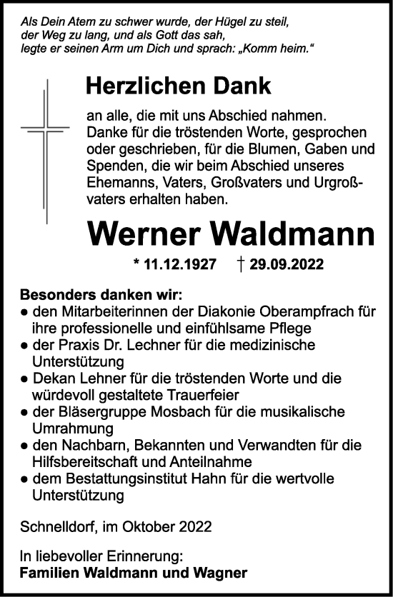 Traueranzeige von Werner Waldmann von Dinkelsbühl/ Feuchtwangen