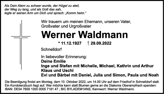 Traueranzeige von Werner Waldmann von Dinkelsbühl/ Feuchtwangen