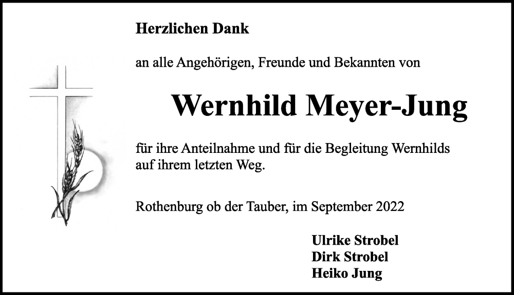  Traueranzeige für Wernhild Meyer-Jung vom 01.10.2022 aus Rothenburg