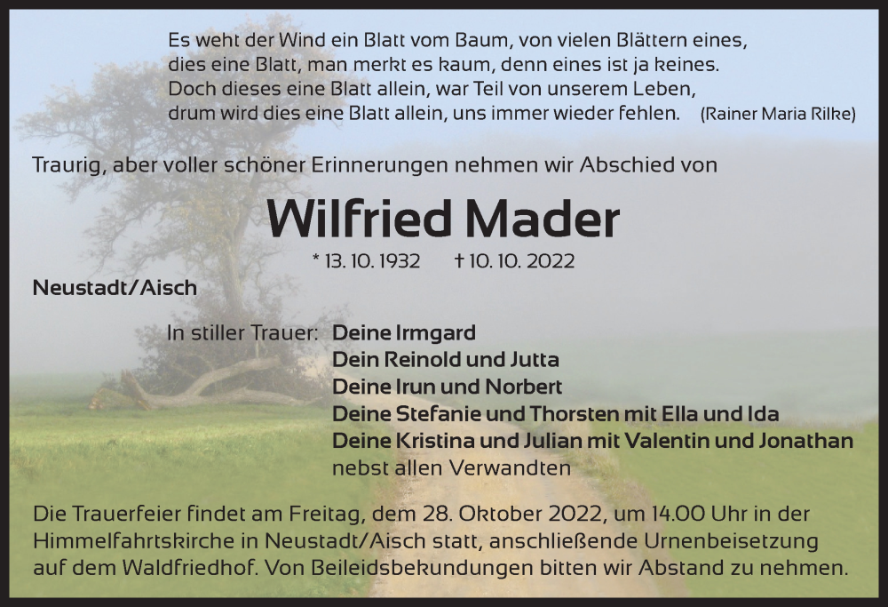  Traueranzeige für Wilfried Mader vom 15.10.2022 aus Neustadt/ Scheinfeld/ Uffenheim