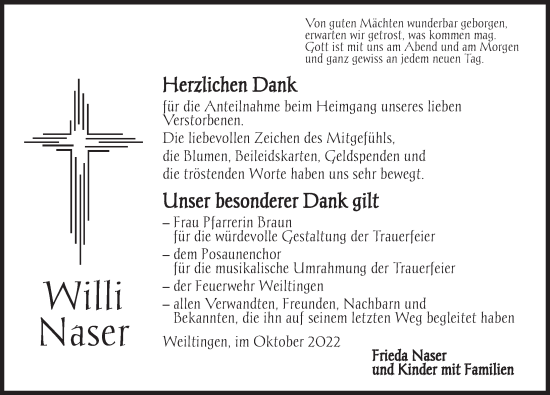 Traueranzeige von Willi Naser von Dinkelsbühl/ Feuchtwangen