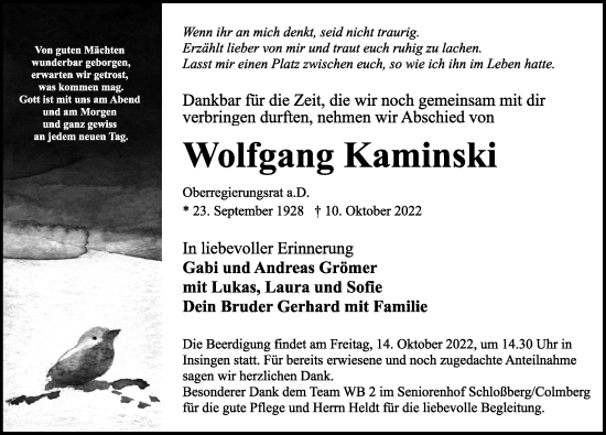 Traueranzeige von Wolfgang Kaminski von Rothenburg