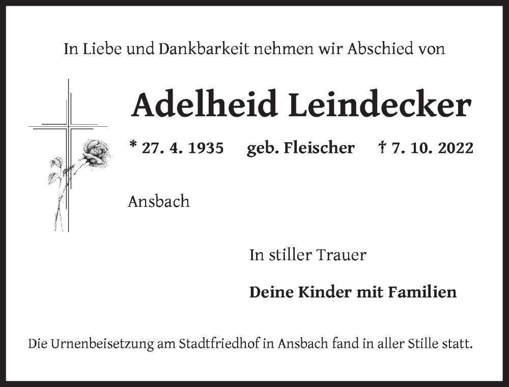  Traueranzeige für Adelheid Leindecker vom 05.11.2022 aus Ansbach