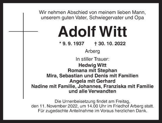 Traueranzeige von Adolf Witt von Ansbach