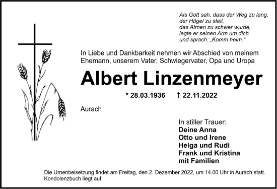 Traueranzeige von Albert Linzenmeyer von Ansbach