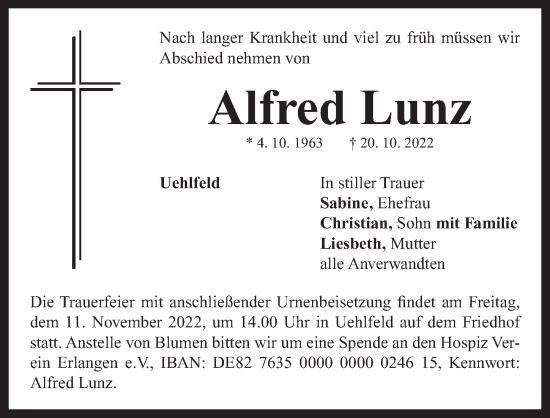 Traueranzeige von Alfred Lunz von Neustadt/ Scheinfeld/ Uffenheim