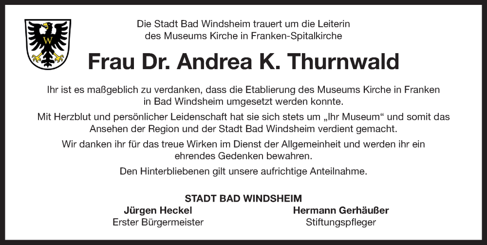  Traueranzeige für Andrea K. Thurnwald vom 19.11.2022 aus Neustadt/ Scheinfeld/ Uffenheim