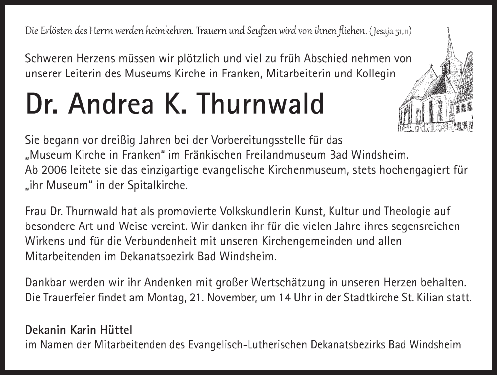  Traueranzeige für Andrea K. Thurnwald vom 17.11.2022 aus Neustadt/ Scheinfeld/ Uffenheim