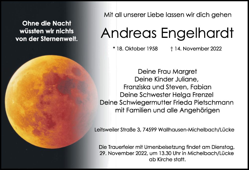 Traueranzeige für Andreas Engelhardt vom 26.11.2022 aus Rothenburg