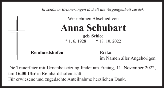 Traueranzeige von Anna Schubart von Neustadt/ Scheinfeld/ Uffenheim
