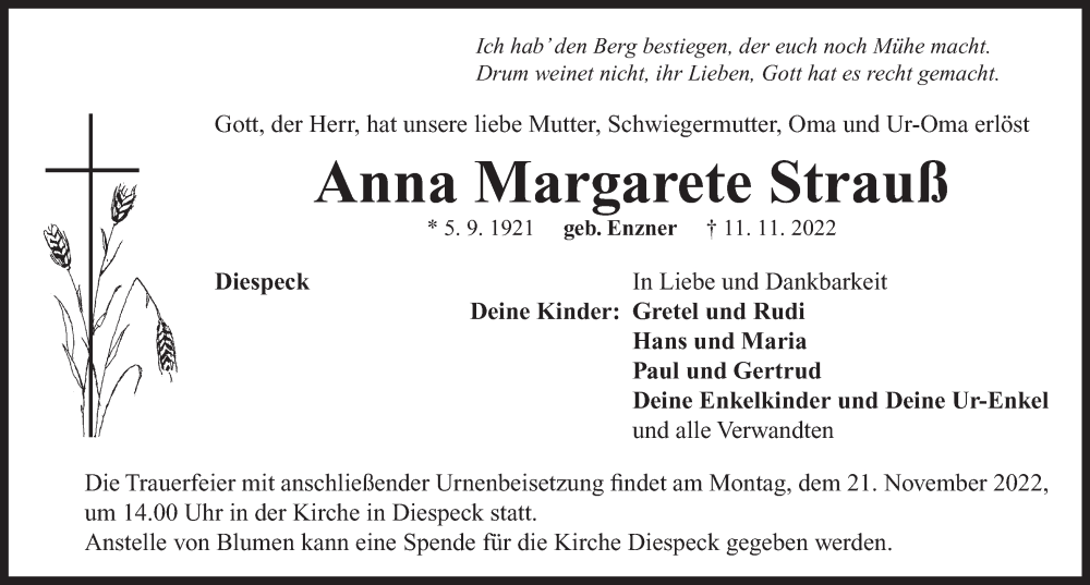  Traueranzeige für Anna Margarete Strauß vom 16.11.2022 aus Neustadt/ Scheinfeld/ Uffenheim