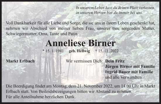 Traueranzeige von Anneliese Birner von Neustadt/ Scheinfeld/ Uffenheim