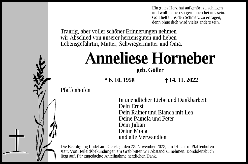  Traueranzeige für Anneliese Horneber vom 19.11.2022 aus Neustadt/ Scheinfeld/ Uffenheim