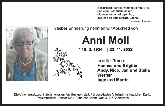 Traueranzeige von Anni Moll von Ansbach