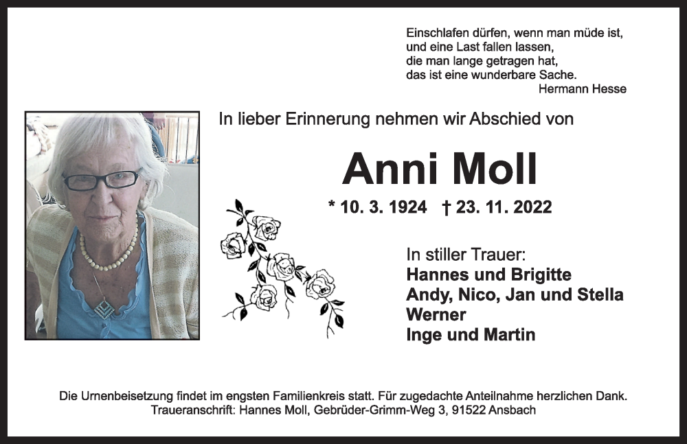  Traueranzeige für Anni Moll vom 26.11.2022 aus Ansbach