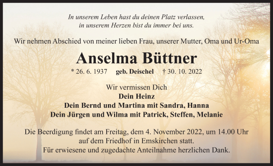 Traueranzeige von Anselma Büttner von Neustadt/ Scheinfeld/ Uffenheim