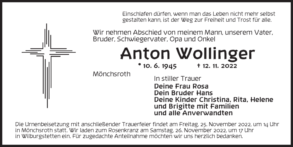  Traueranzeige für Anton Wollinger vom 24.11.2022 aus Dinkelsbühl/ Feuchtwangen