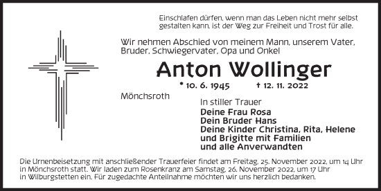 Traueranzeige von Anton Wollinger von Dinkelsbühl/ Feuchtwangen