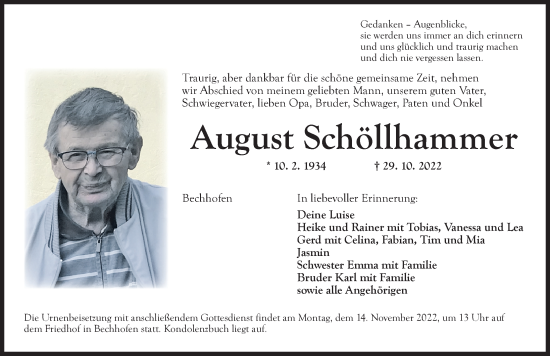 Traueranzeige von August Schöllhammer von Dinkelsbühl/ Feuchtwangen