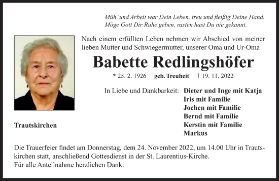 Traueranzeige von Babette Redlingshöfer von Neustadt/ Scheinfeld/ Uffenheim