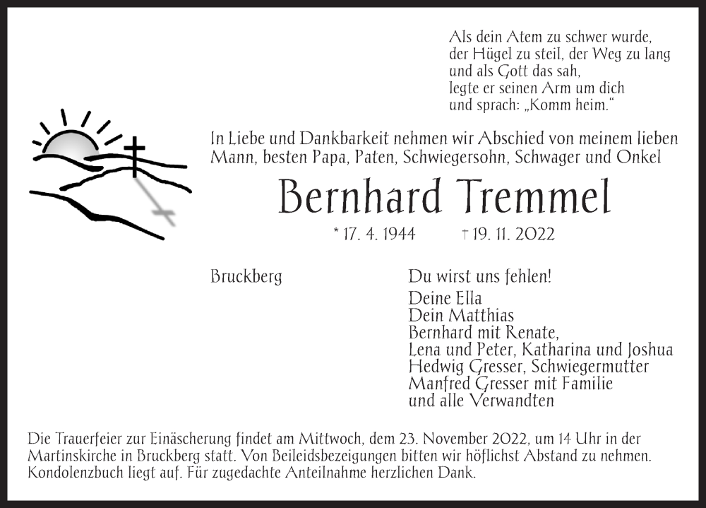  Traueranzeige für Bernhard Tremmel vom 22.11.2022 aus Ansbach