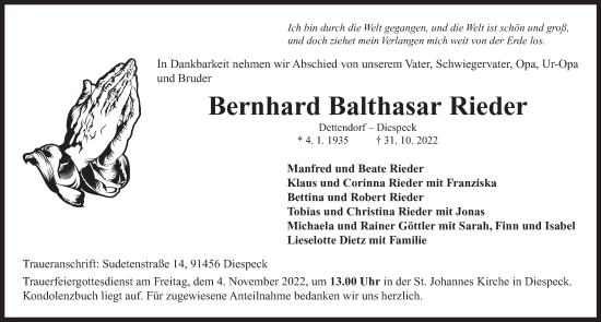 Traueranzeige von Bernhard Balthasar Rieder von Neustadt/ Scheinfeld/ Uffenheim