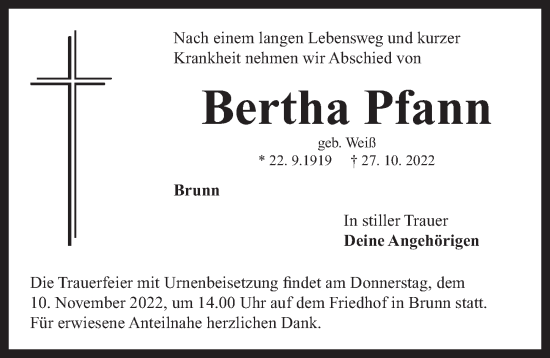 Traueranzeige von Bertha Pfann von Neustadt/ Scheinfeld/ Uffenheim