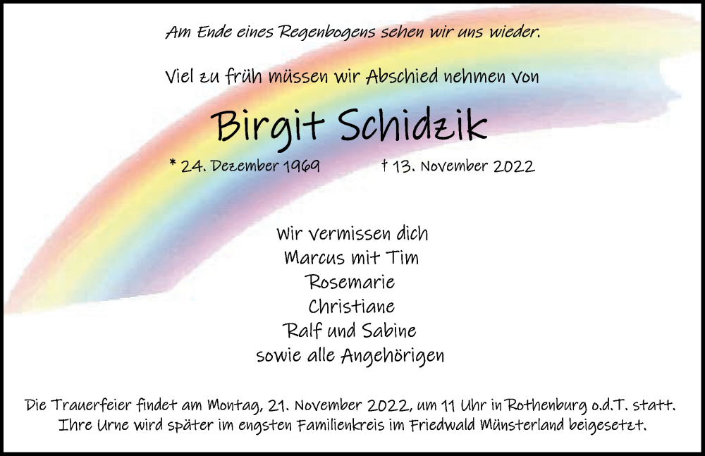  Traueranzeige für Birgit Schidzik vom 17.11.2022 aus Rothenburg