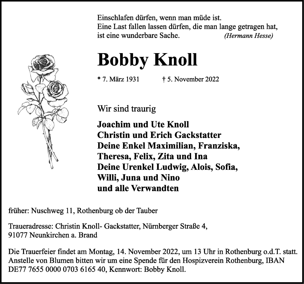  Traueranzeige für Bobby Knoll vom 11.11.2022 aus Rothenburg
